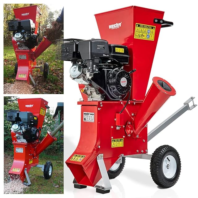 Biotrituratore da giardino a benzina HECHT con motore da 389 cc, due bocche di carico e pneumatici