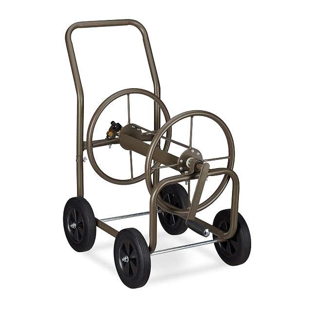 Carrello portatubo metallico marrone con quattro ruote in gomma piena e manovella