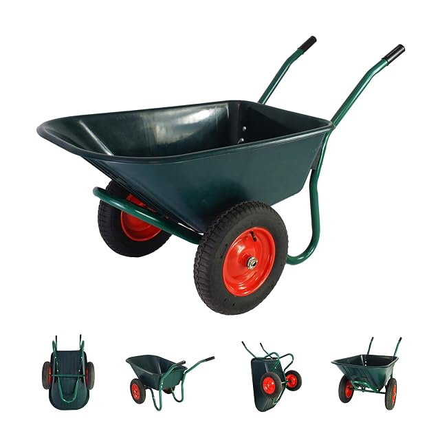 Carrello da giardino a due ruote con vasca in plastica e pneumatici